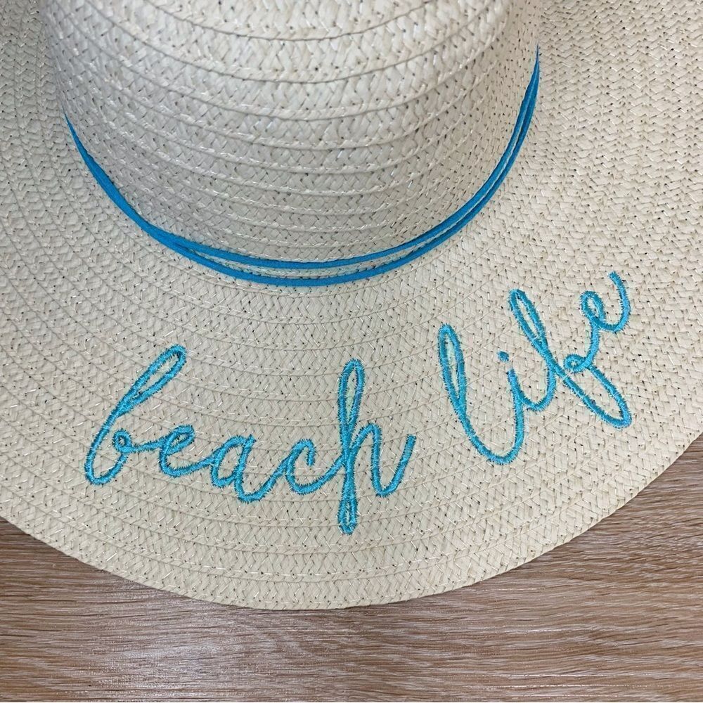 NWOT Embroidered Beach Life Wide Brim Straw Sun Hat - Picture 2 of 8